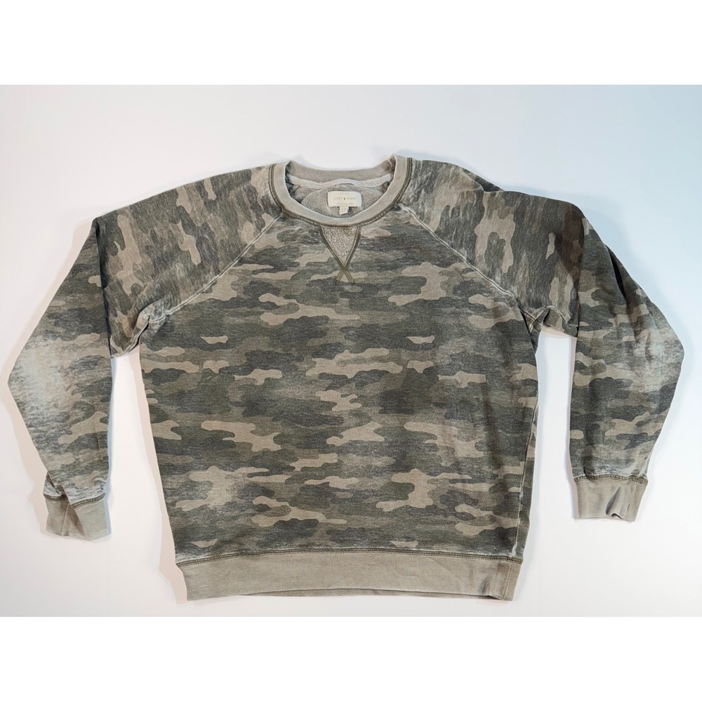 Lucky Brand Mens Camo Crewneck Sweatshirt Green Grey Raglan Pullover Size Large